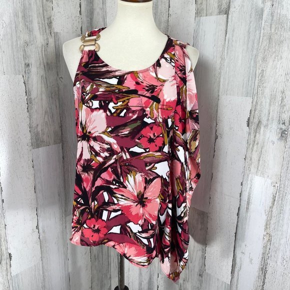 Thalia Sodi Women's Pink Floral Semi Sheer Single Side Ruffle Shirt Top Blouse M - Picture 1 of 10